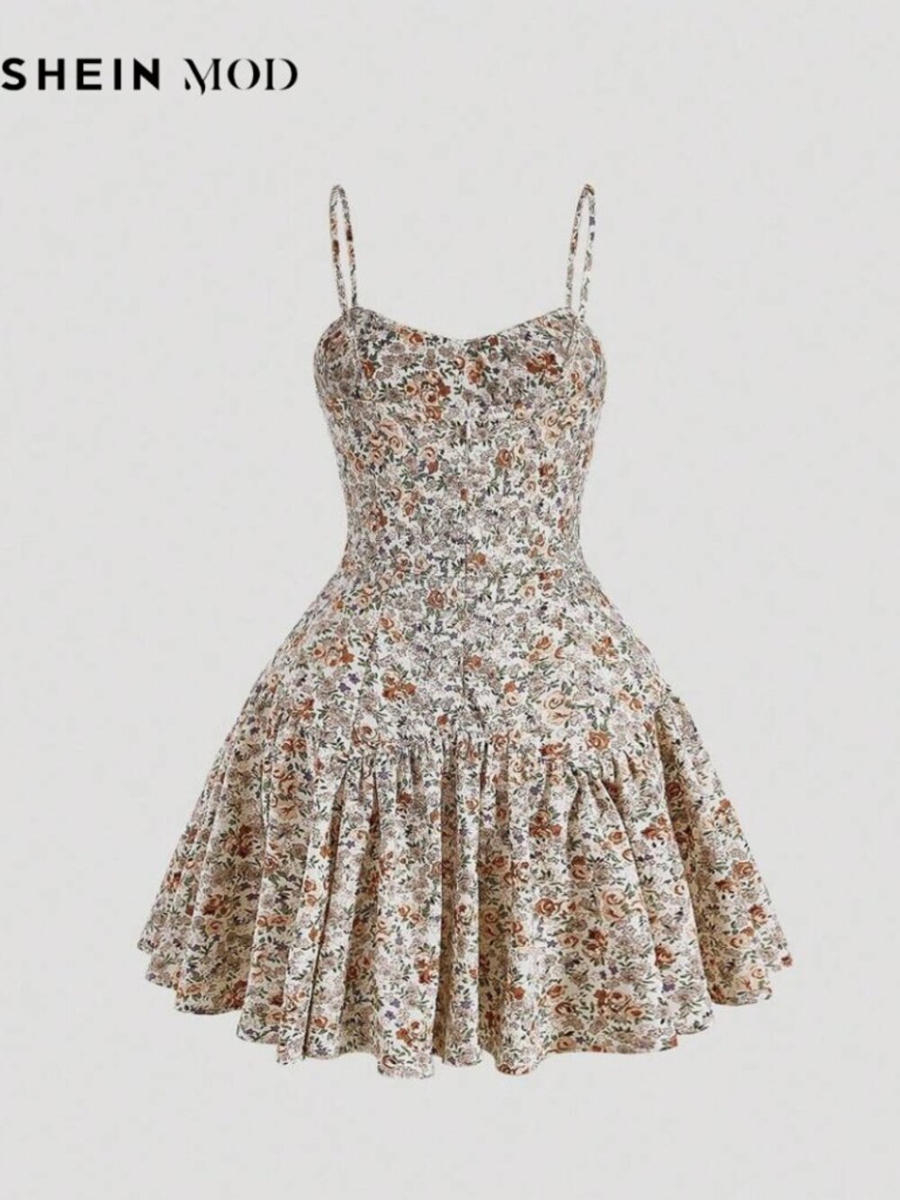 Cottage Core Ditsy Floral Print Ruched Bust Ruffle Hem Cami Sun Dress